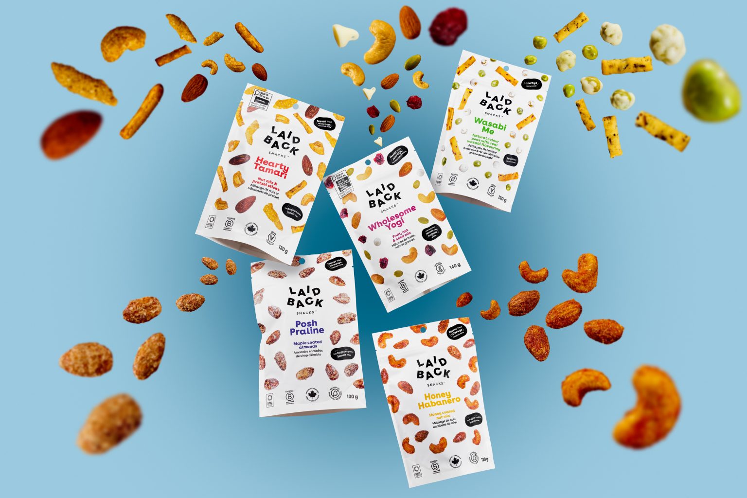 Laid Back Snacks flavour lineup — Hearty Tamari, Wholesome Yogi, Wasabi Me, Posh Praline, Honey Habanero