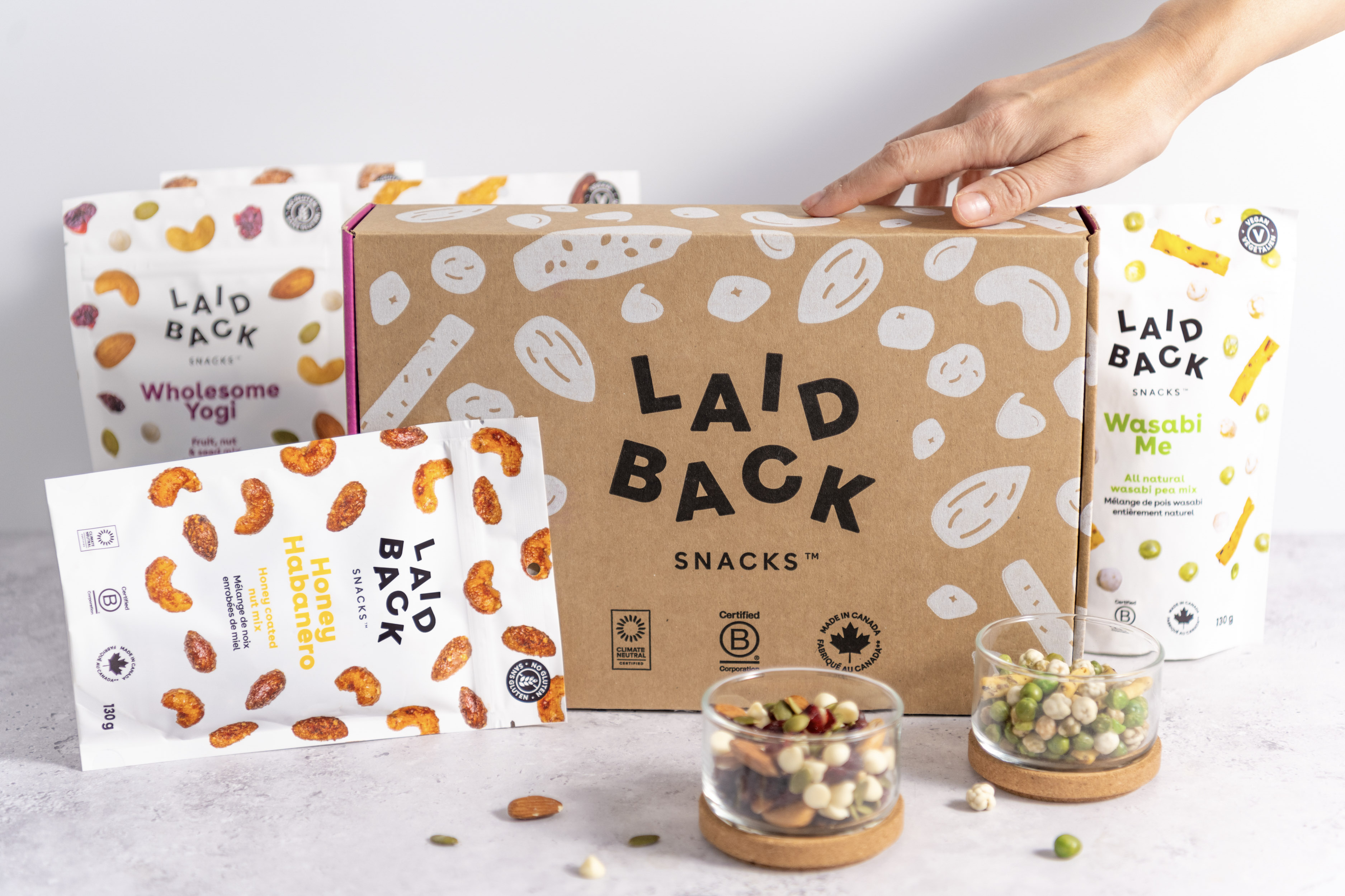 Laid Back Snacks wholesale box with B Corp and Made in Canada certifications